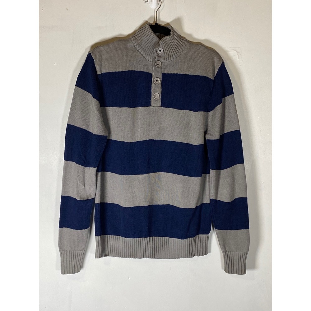 Mens Large Rugby Stripe Mock Neck Henley‎ Sweater Blue Gray 100% Cotton